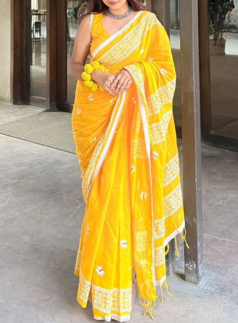 Generic Women's Linen Floral Printed Saree With Unstitched Blouse - 5.5 Mtr (Yellow)