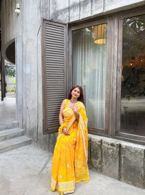 Generic Women's Linen Floral Printed Saree With Unstitched Blouse - 5.5 Mtr (Yellow)