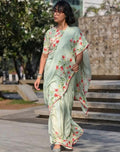 Generic Women's Linen Floral Printed Saree With Unstitched Blouse - 5.5 Mtr (Light Green)