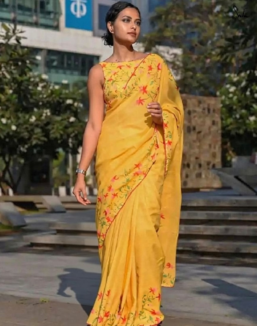 Generic Women's Linen Floral Printed Saree With Unstitched Blouse - 5.5 Mtr (Yellow) - Design 2
