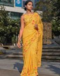 Generic Women's Linen Floral Printed Saree With Unstitched Blouse - 5.5 Mtr (Yellow) - Design 2