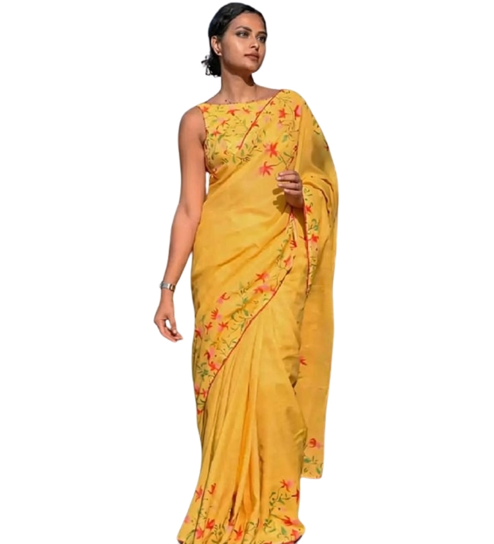 Generic Women's Linen Floral Printed Saree With Unstitched Blouse - 5.5 Mtr (Yellow) - Design 2