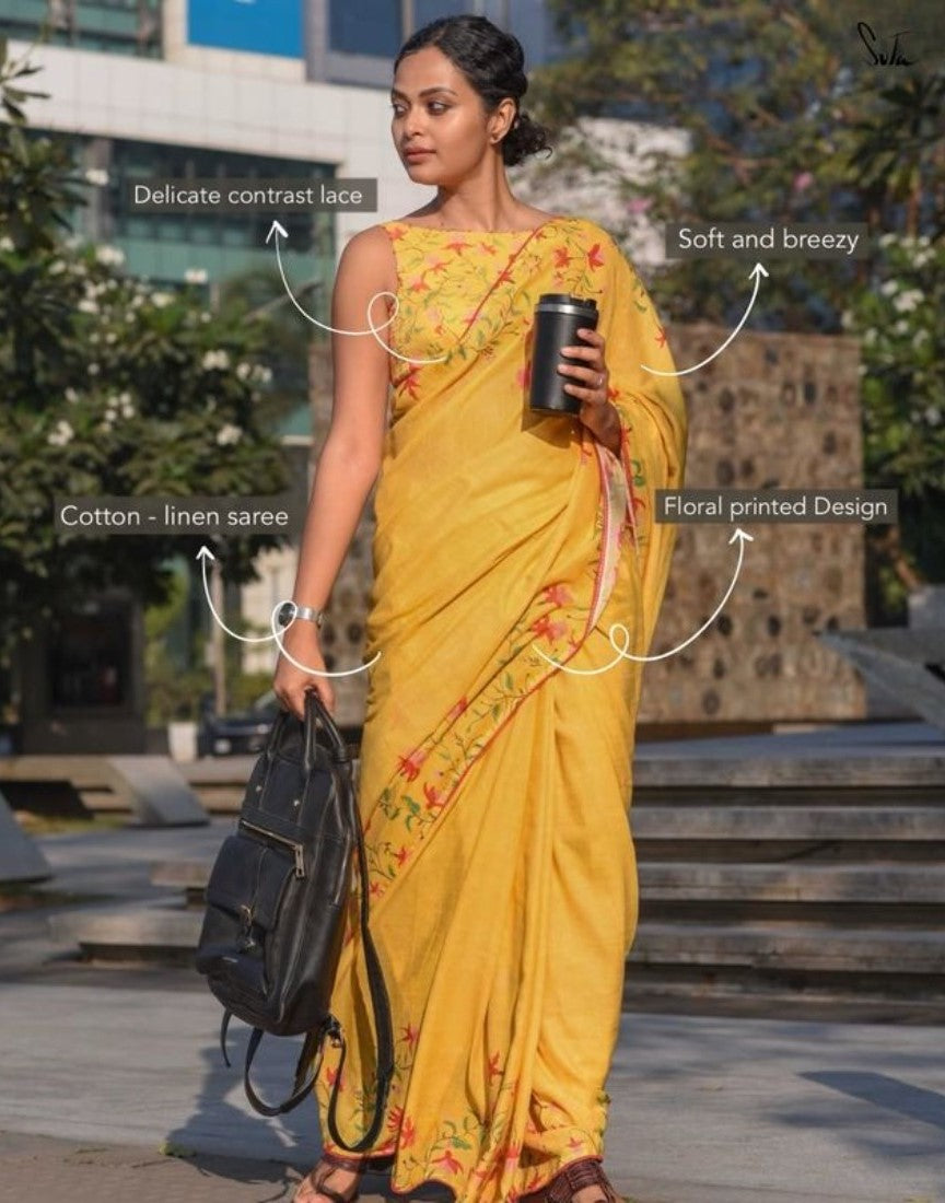 Generic Women's Linen Floral Printed Saree With Unstitched Blouse - 5.5 Mtr (Yellow) - Design 2