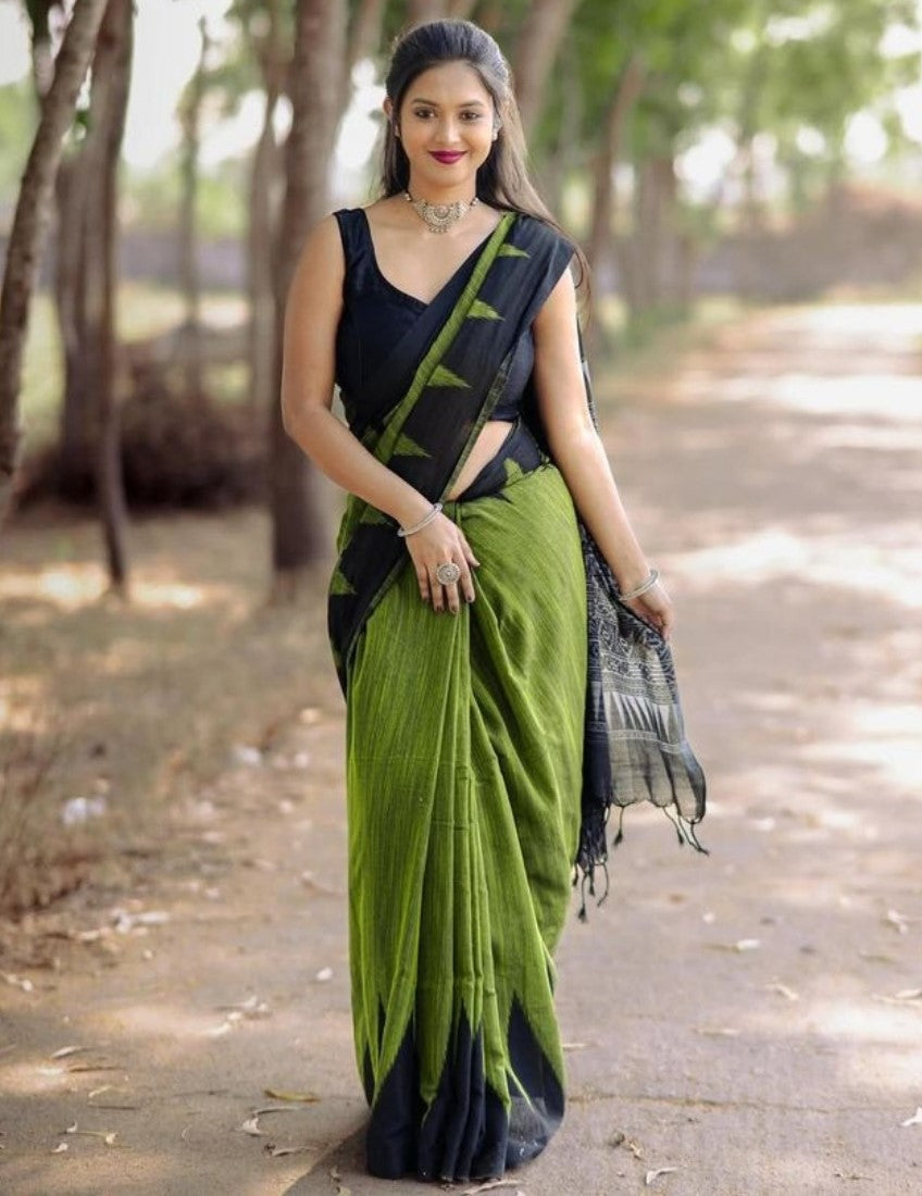 Generic Women's Linen Kalamkari Printed Saree With Unstitched Blouse - 5.5 Mtr (Olive Green-Black)