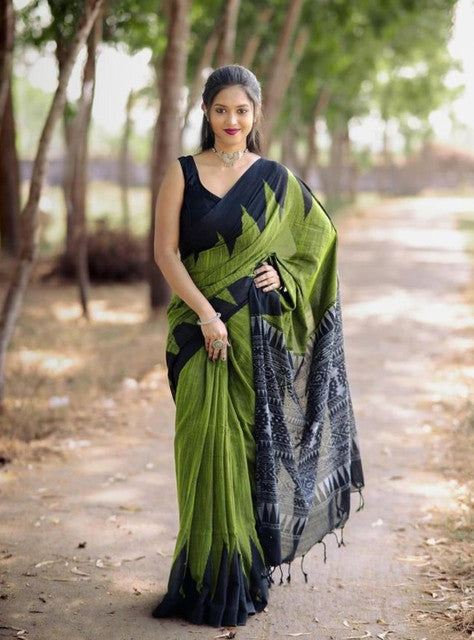 Generic Women's Linen Kalamkari Printed Saree With Unstitched Blouse - 5.5 Mtr (Olive Green-Black)