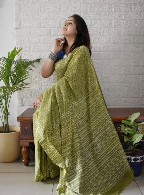 Generic Women's Linen Printed Saree With Unstitched Blouse - 5.5 Mtr (Green)