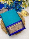 Generic Women's Cotton Silk Striped Saree With Unstitched Blouse - 5.5 Mtr (Teal-Royal Blue)