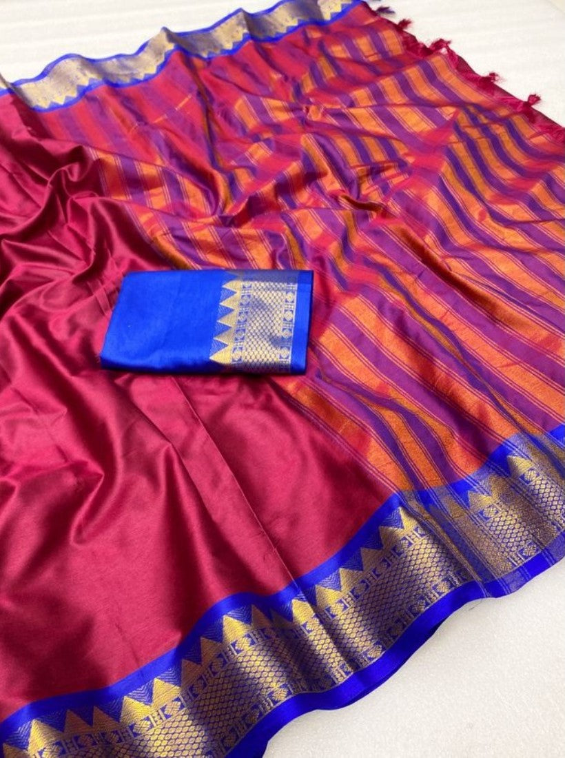 Generic Women's Cotton Silk Striped Saree With Unstitched Blouse - 5.5 Mtr (Maroon-Royal Blue)