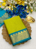 Generic Women's Cotton Silk Striped Saree With Unstitched Blouse - 5.5 Mtr (Lemon Yellow-Teal Blue)