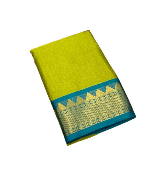 Generic Women's Cotton Silk Striped Saree With Unstitched Blouse - 5.5 Mtr (Lemon Yellow-Teal Blue)