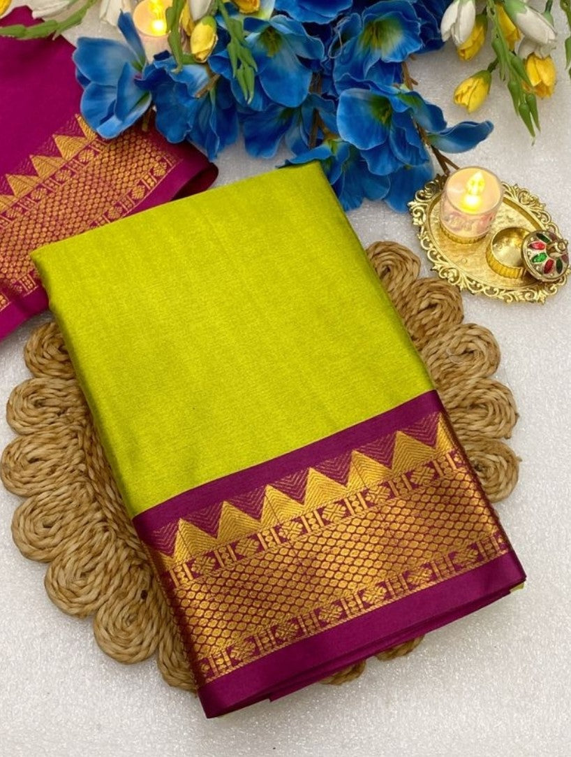 Generic Women's Cotton Silk Striped Saree With Unstitched Blouse - 5.5 Mtr (Light Green-Purple)