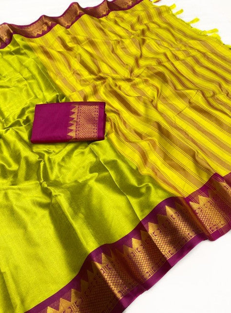 Generic Women's Cotton Silk Striped Saree With Unstitched Blouse - 5.5 Mtr (Light Green-Purple)