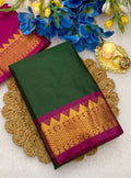 Generic Women's Cotton Silk Striped Saree With Unstitched Blouse - 5.5 Mtr (Dark Green-Magenta)