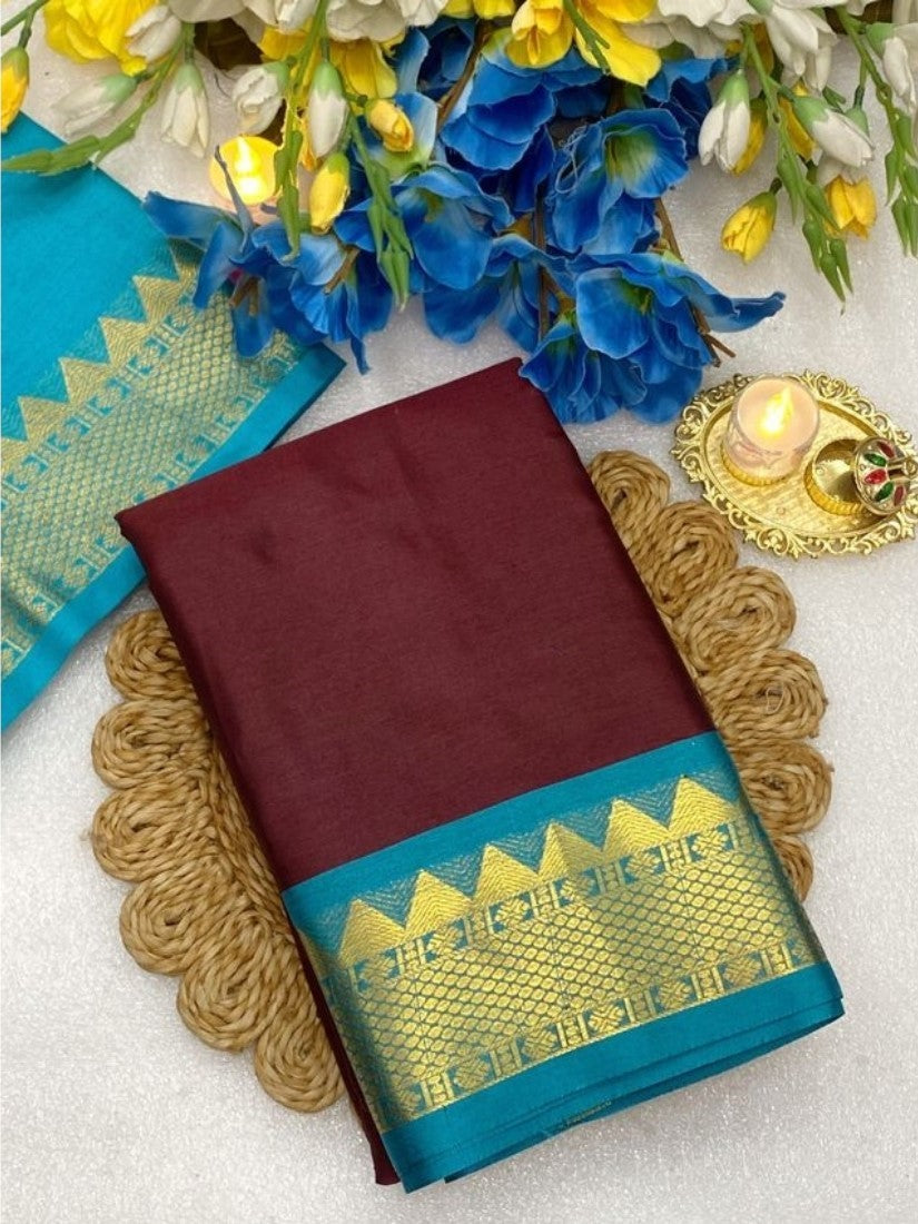 Generic Women's Cotton Silk Striped Saree With Unstitched Blouse - 5.5 Mtr (Maroon-Turquoise)