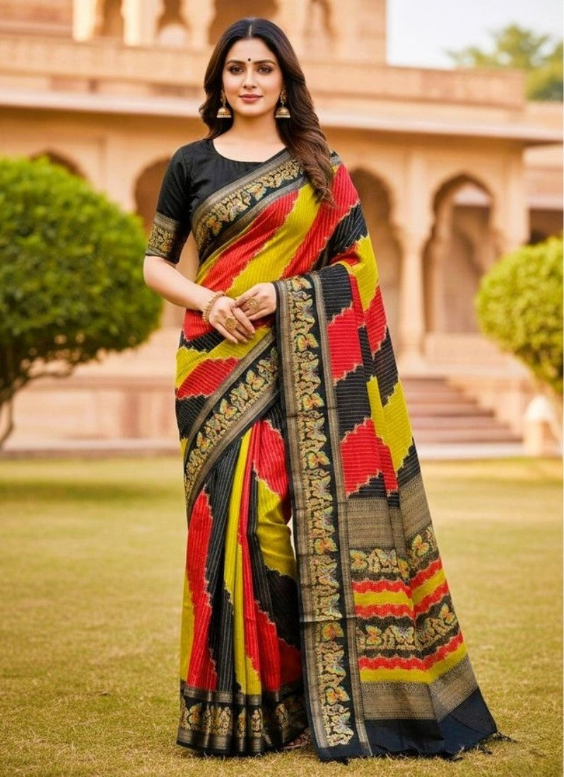 Generic Women's Silk Kalamkari Printed Saree With Unstitched Blouse - 5.5 Mtr (Multicolor) - Design 2