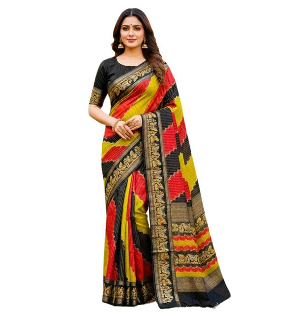 Generic Women's Silk Kalamkari Printed Saree With Unstitched Blouse - 5.5 Mtr (Multicolor) - Design 2