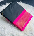 Generic Women's Cotton Silk Solid Saree With Unstitched Blouse - 5.5 Mtr (Black-Pink)