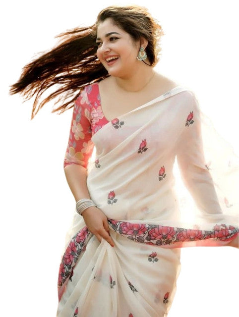 Generic Women's Linen Floral Printed Saree With Unstitched Blouse - 5.5 Mtr (Off White)