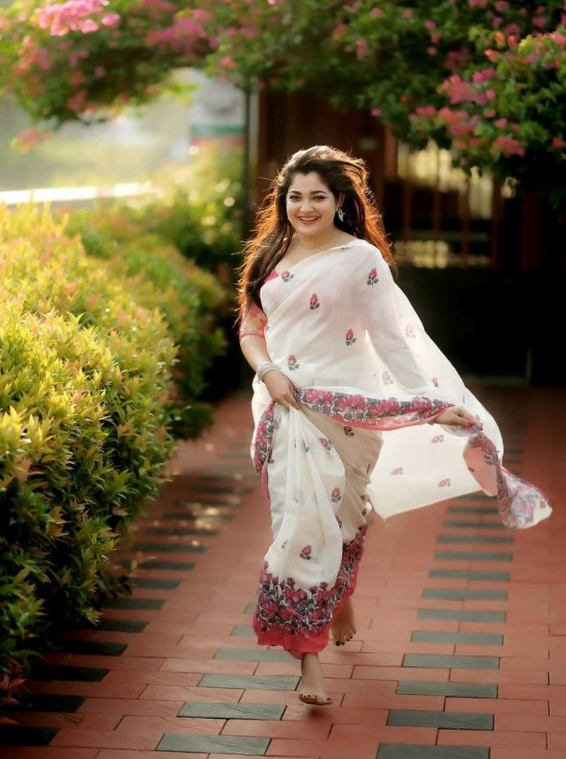 Generic Women's Linen Floral Printed Saree With Unstitched Blouse - 5.5 Mtr (Off White)
