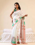 Generic Women's Linen Floral Printed Saree With Unstitched Blouse - 5.5 Mtr (White) - Design 2