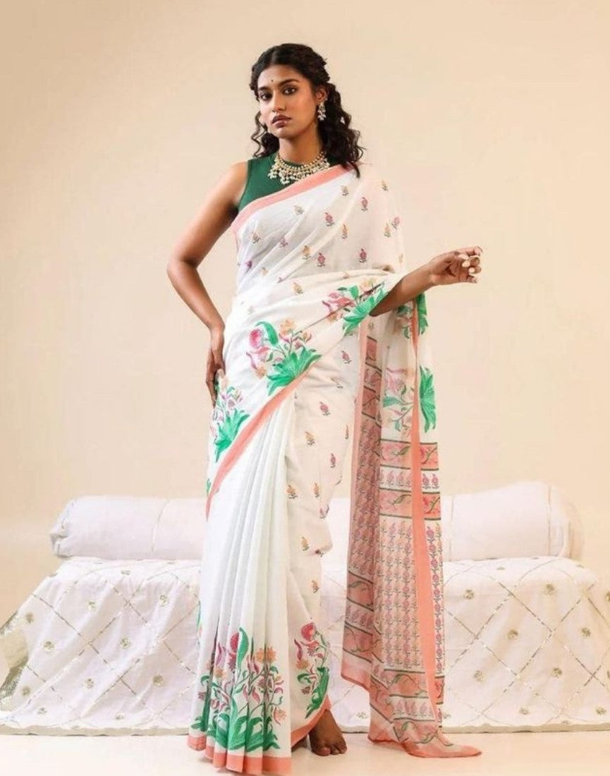 Generic Women's Linen Floral Printed Saree With Unstitched Blouse - 5.5 Mtr (White) - Design 2