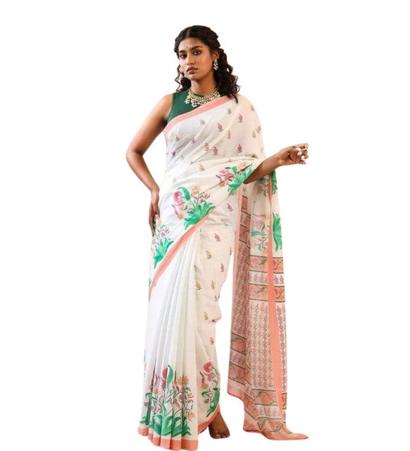Generic Women's Linen Floral Printed Saree With Unstitched Blouse - 5.5 Mtr (White) - Design 2