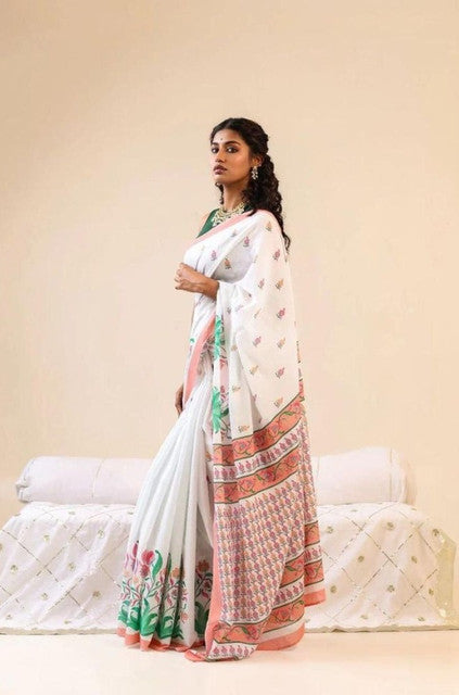 Generic Women's Linen Floral Printed Saree With Unstitched Blouse - 5.5 Mtr (White) - Design 2