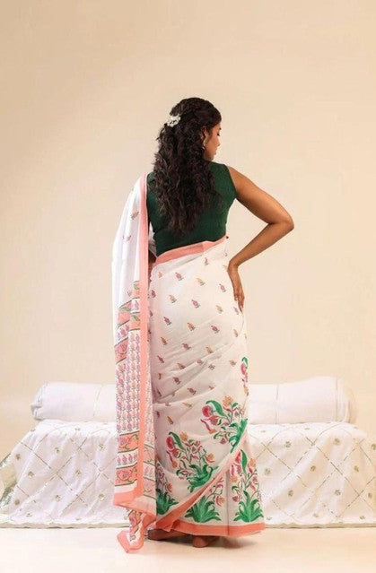 Generic Women's Linen Floral Printed Saree With Unstitched Blouse - 5.5 Mtr (White) - Design 2