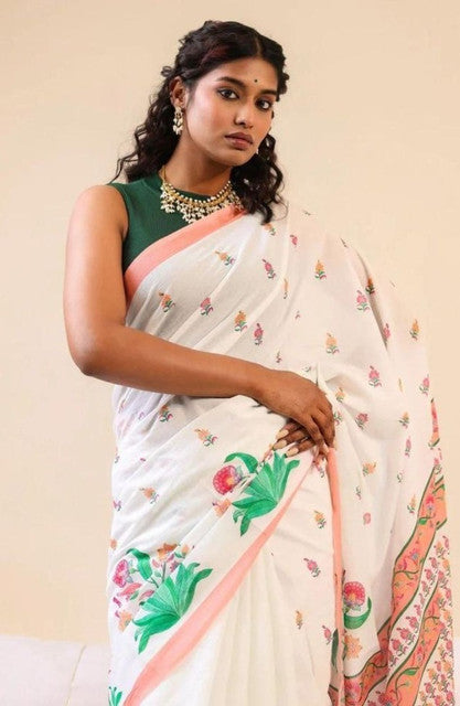 Generic Women's Linen Floral Printed Saree With Unstitched Blouse - 5.5 Mtr (White) - Design 2