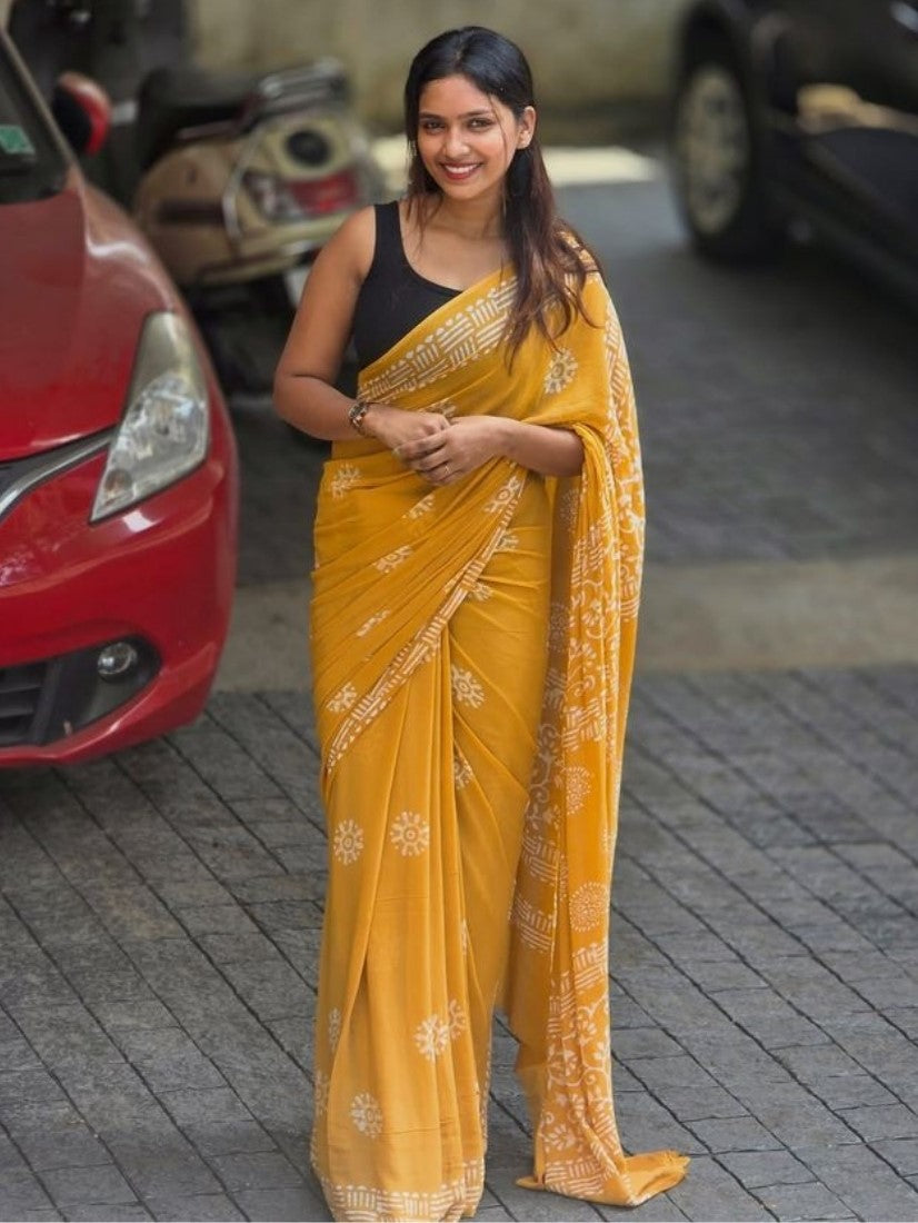 Generic Women's Linen Printed Saree With Unstitched Blouse - 5.5 Mtr (Yellow) - Design 2