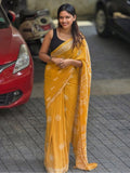 Generic Women's Linen Printed Saree With Unstitched Blouse - 5.5 Mtr (Yellow) - Design 2