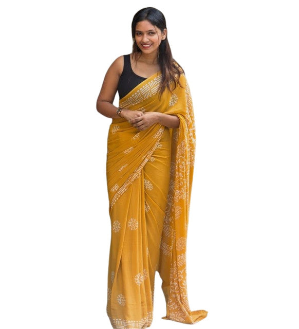 Generic Women's Linen Printed Saree With Unstitched Blouse - 5.5 Mtr (Yellow) - Design 2