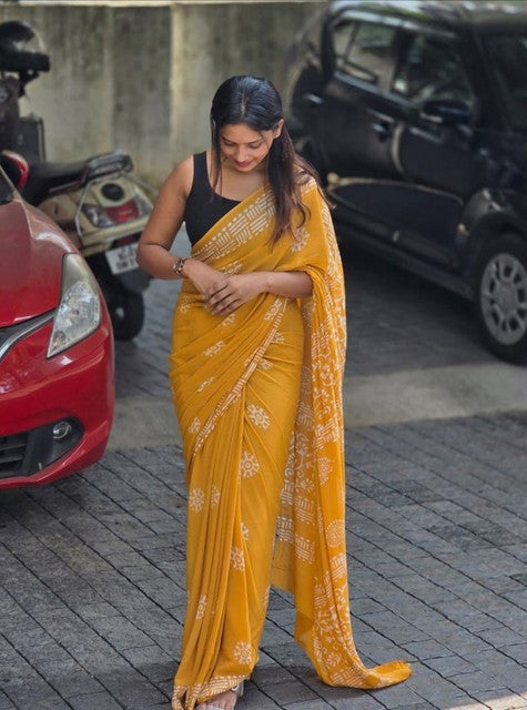 Generic Women's Linen Printed Saree With Unstitched Blouse - 5.5 Mtr (Yellow) - Design 2