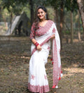 Generic Women's Linen Floral Printed Saree With Unstitched Blouse - 5.5 Mtr (White-Red) - Design 2