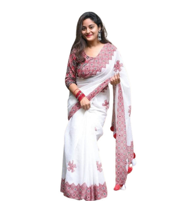 Generic Women's Linen Floral Printed Saree With Unstitched Blouse - 5.5 Mtr (White-Red) - Design 2