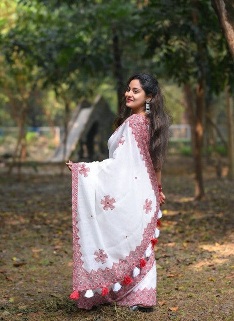 Generic Women's Linen Floral Printed Saree With Unstitched Blouse - 5.5 Mtr (White-Red) - Design 2