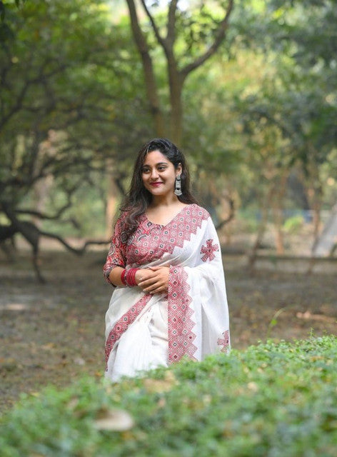 Generic Women's Linen Floral Printed Saree With Unstitched Blouse - 5.5 Mtr (White-Red) - Design 2
