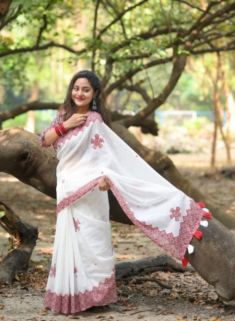 Generic Women's Linen Floral Printed Saree With Unstitched Blouse - 5.5 Mtr (White-Red) - Design 2