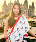 Generic Women's Linen Printed Saree With Unstitched Blouse - 5.5 Mtr (White-Red) - Design 2