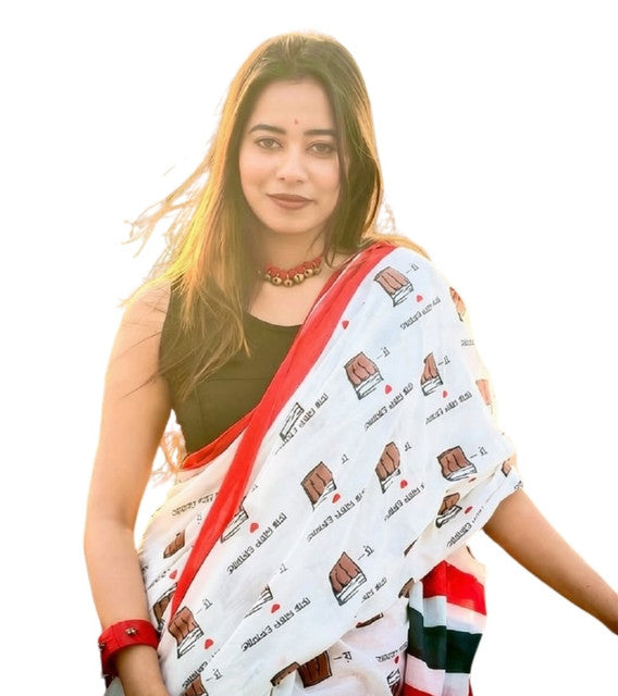 Generic Women's Linen Printed Saree With Unstitched Blouse - 5.5 Mtr (White-Red) - Design 2