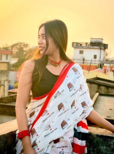 Generic Women's Linen Printed Saree With Unstitched Blouse - 5.5 Mtr (White-Red) - Design 2