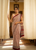 Generic Women's Linen Printed Saree With Unstitched Blouse - 5.5 Mtr (Off White) - Design 2