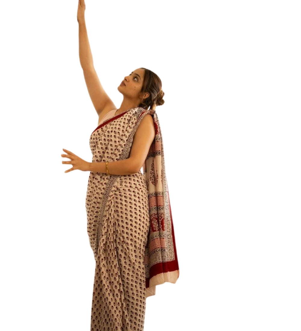 Generic Women's Linen Printed Saree With Unstitched Blouse - 5.5 Mtr (Off White) - Design 2