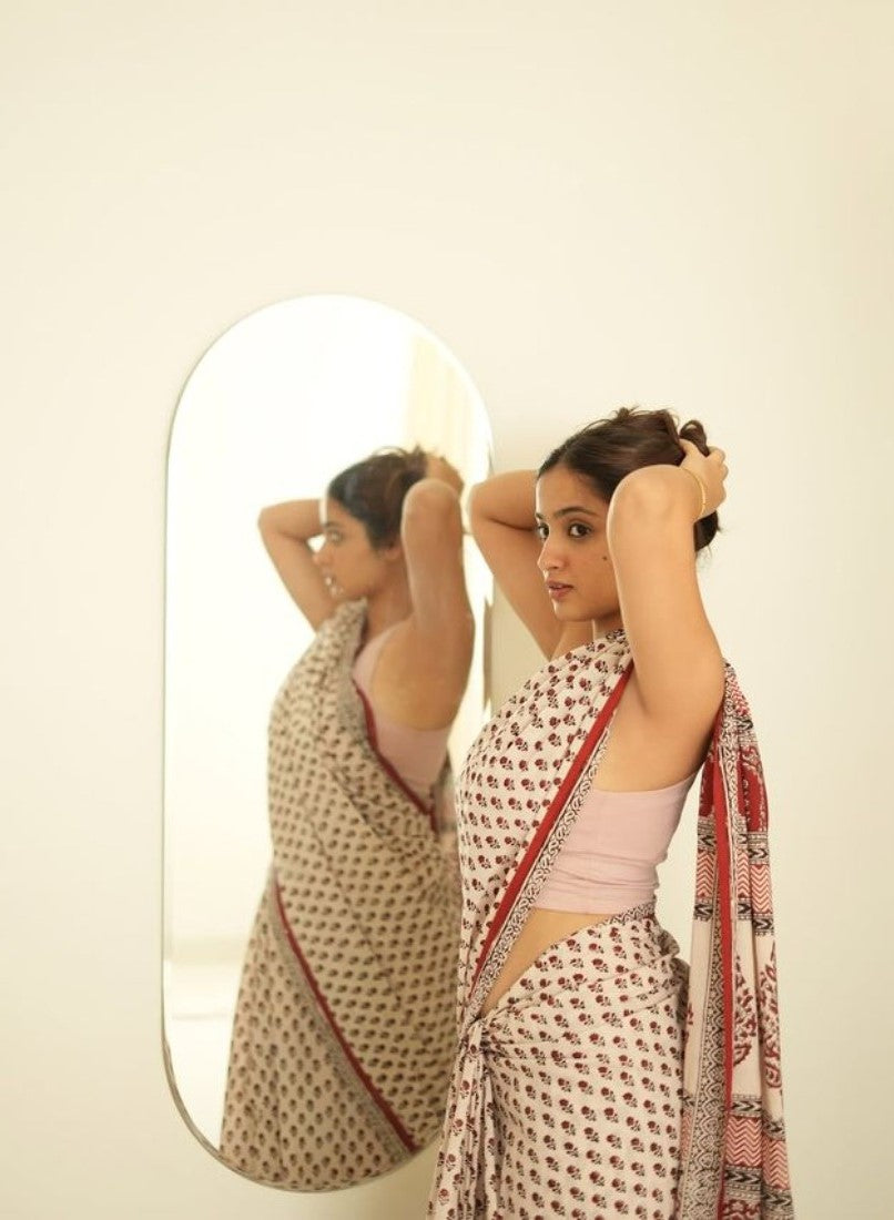 Generic Women's Linen Printed Saree With Unstitched Blouse - 5.5 Mtr (Off White) - Design 2