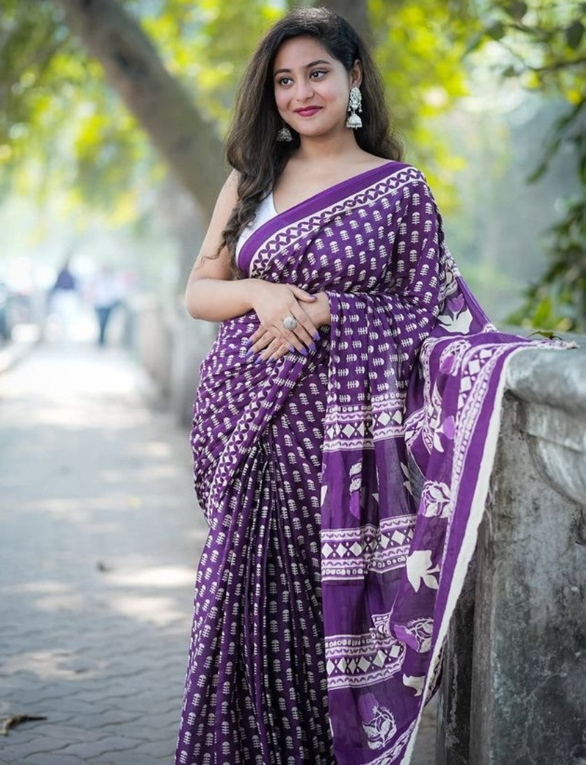 Generic Women's Linen Printed Saree With Unstitched Blouse - 5.5 Mtr (Purple) - Design 2