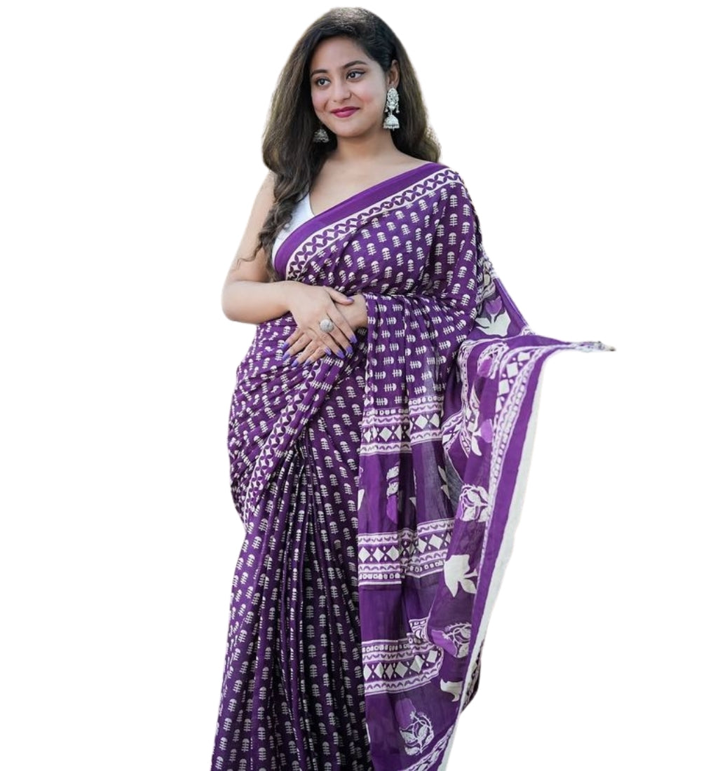 Generic Women's Linen Printed Saree With Unstitched Blouse - 5.5 Mtr (Purple) - Design 2