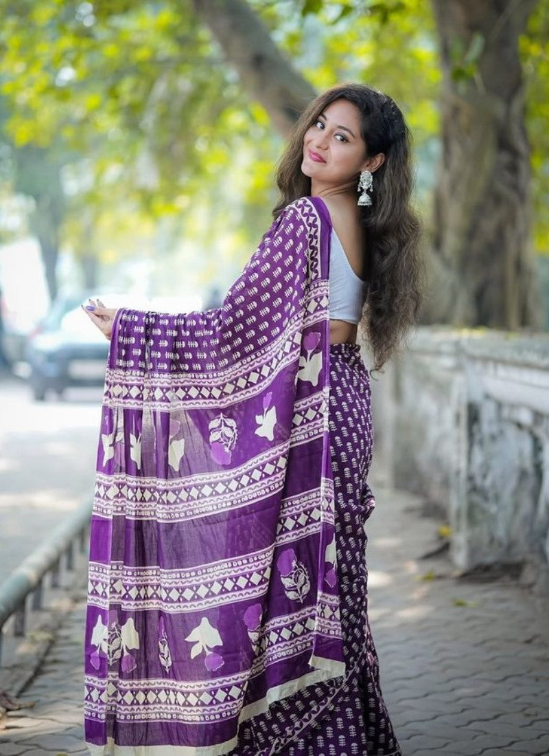Generic Women's Linen Printed Saree With Unstitched Blouse - 5.5 Mtr (Purple) - Design 2
