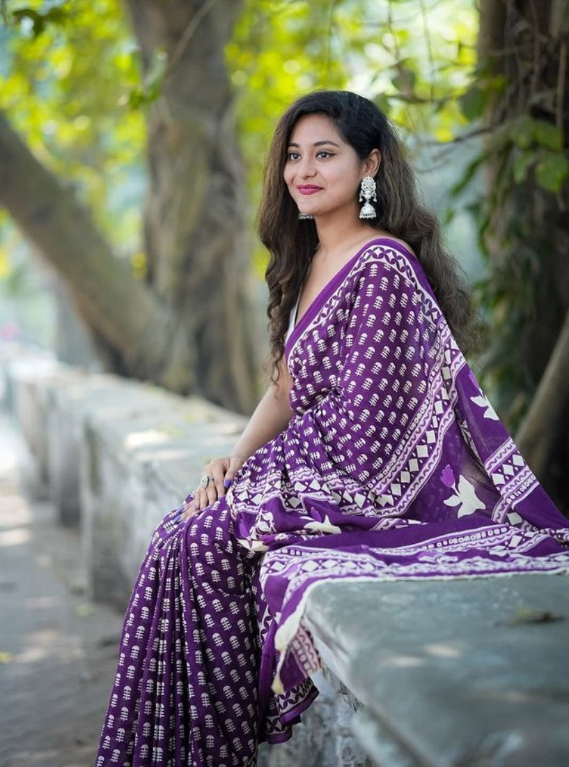 Generic Women's Linen Printed Saree With Unstitched Blouse - 5.5 Mtr (Purple) - Design 2