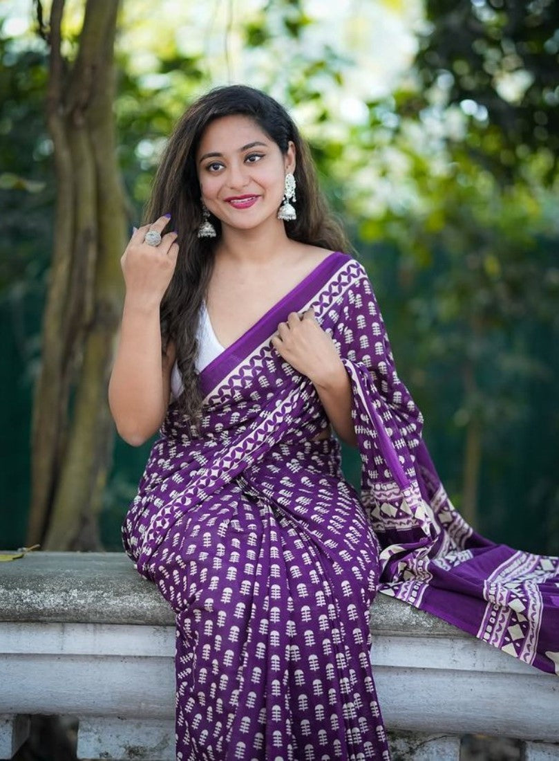 Generic Women's Linen Printed Saree With Unstitched Blouse - 5.5 Mtr (Purple) - Design 2