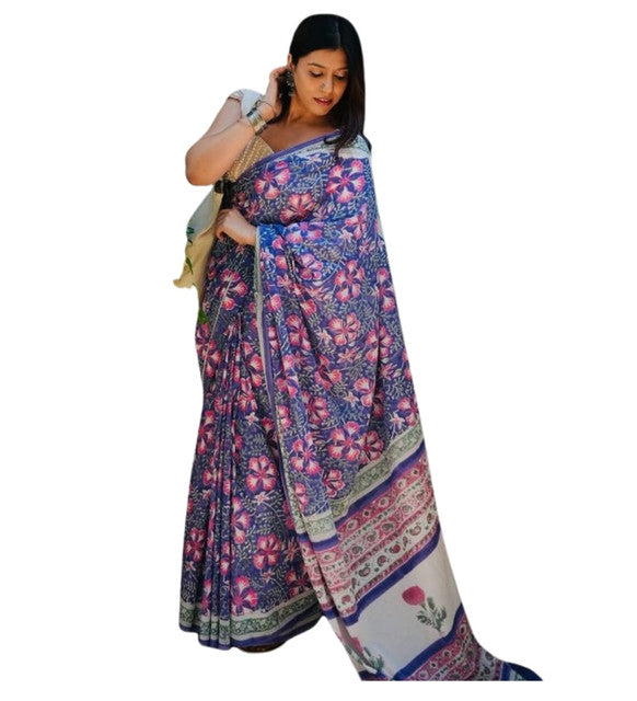 Generic Women's Linen Floral Printed Saree With Unstitched Blouse - 5.5 Mtr (Multicolor) - Design 2